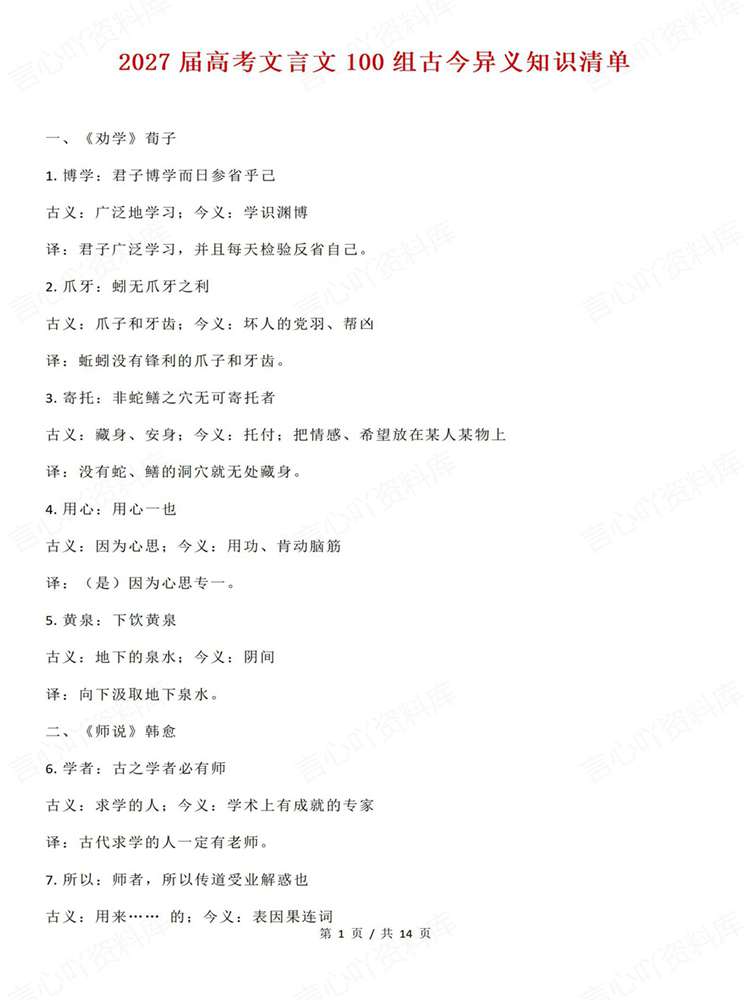 高中语文-文言文27高考复习100组知识清单插图高中语文1 高中语文-文言文27高考复习100组知识清单插图高中语文1