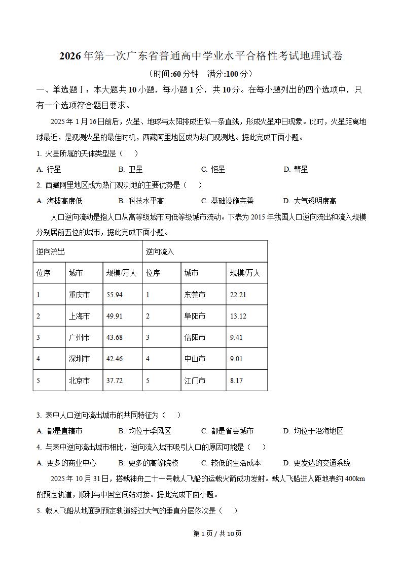 广东省2026年第1次高中学业水平合格性考试地理真题试卷答案解析学考会考春考高考-言心吖资料库