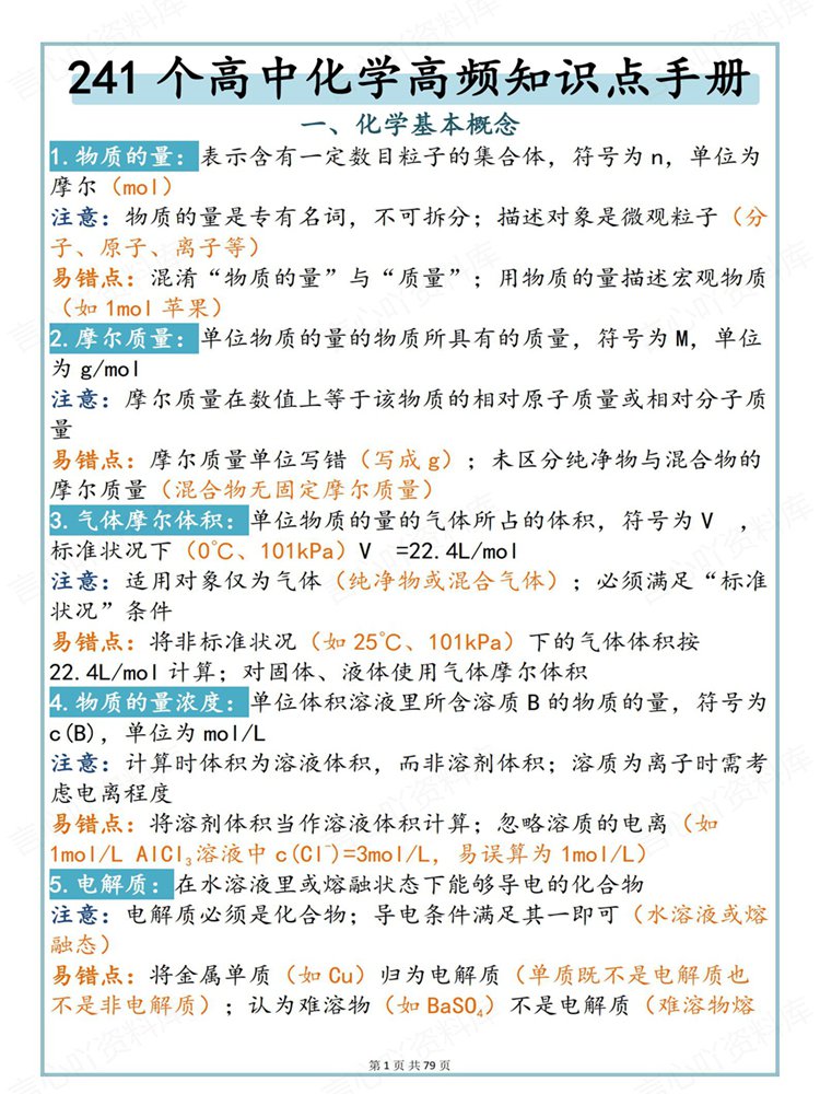 高中化学-必修选必241个高频清单背记手册知识归纳插图高中化学1