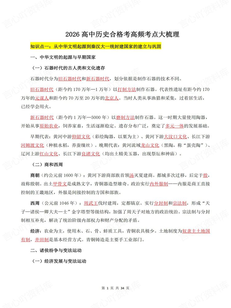 高中历史-学考会考合格考高频知识归纳考点梳理插图高中历史1