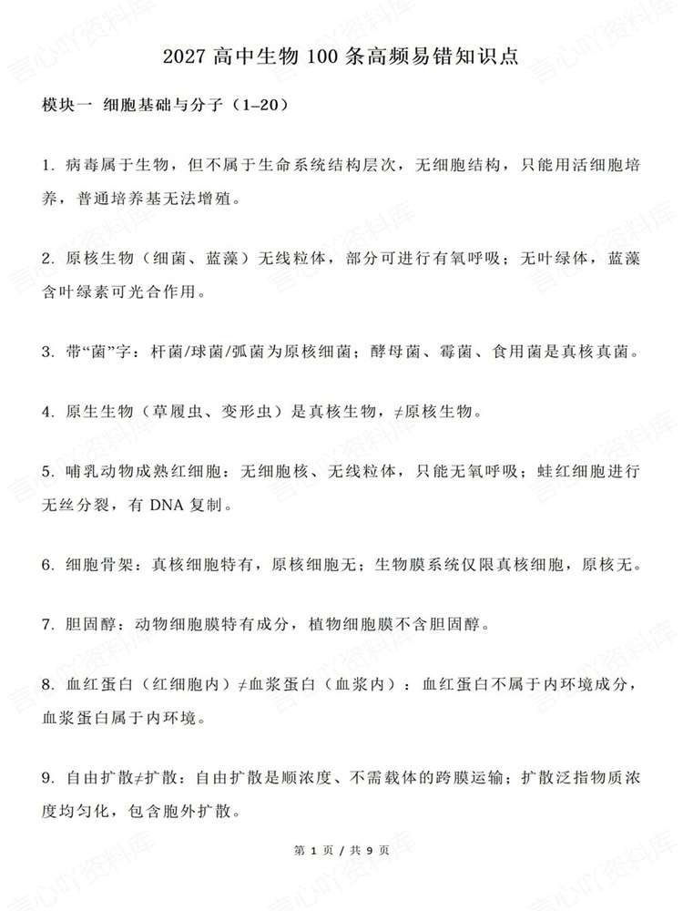 高中生物-必修选必100条易错混精简知识梳理插图高中生物1