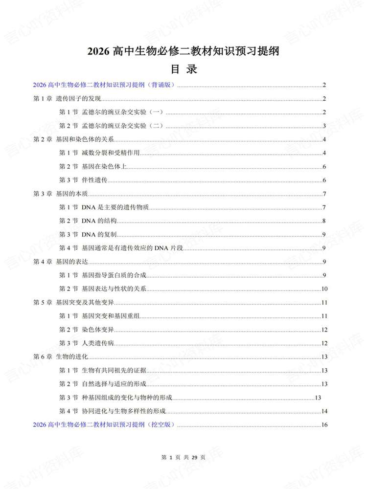 高中生物-必修二章节单元清单提纲填空插图高中生物1