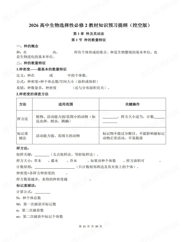 高中生物-选必二章节单元清单提纲填空知识背默插图高中生物7
