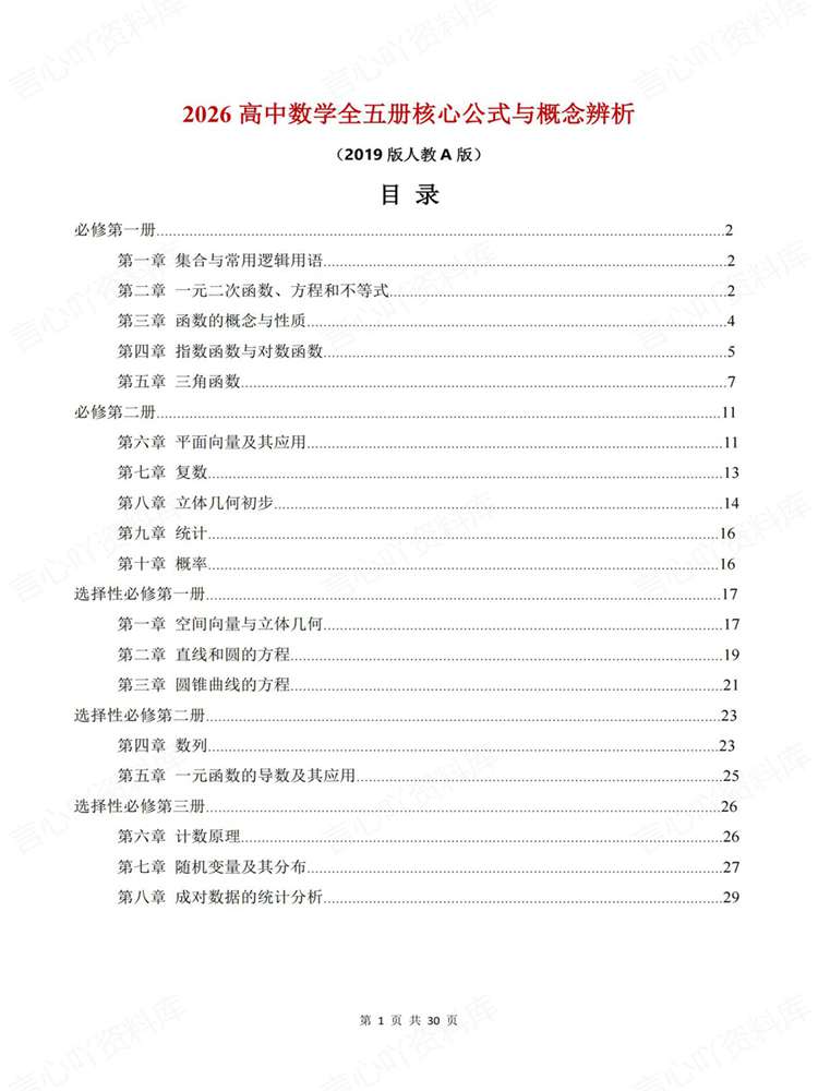 高中数学-必修选必全五册公式及概念辨析人教A版插图高中数学1