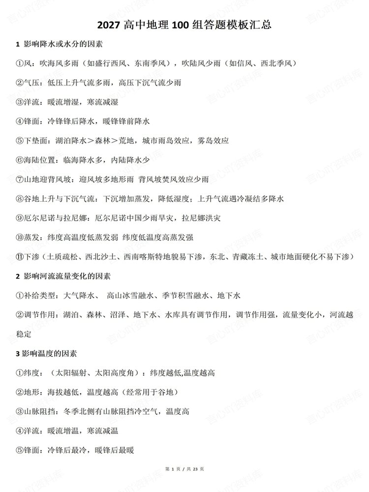 高中地理-高考归纳100组精选背记答题技巧模板插图高中地理1