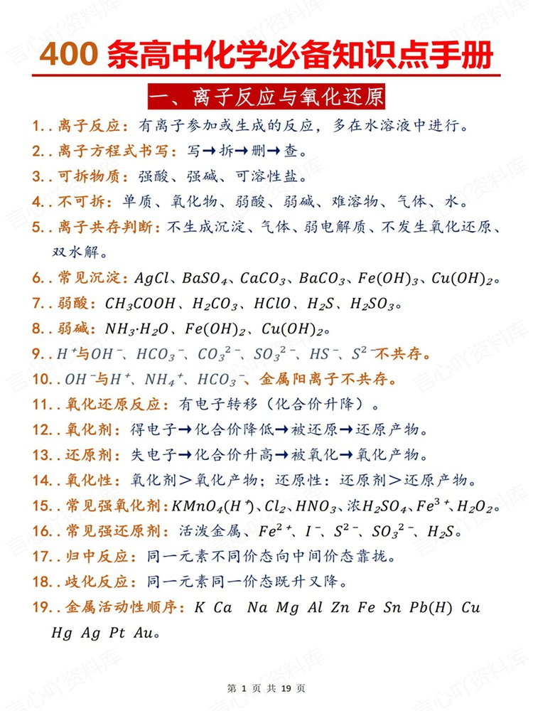 高中化学-必修选必400条常见常考清单手册知识背记插图高中化学1