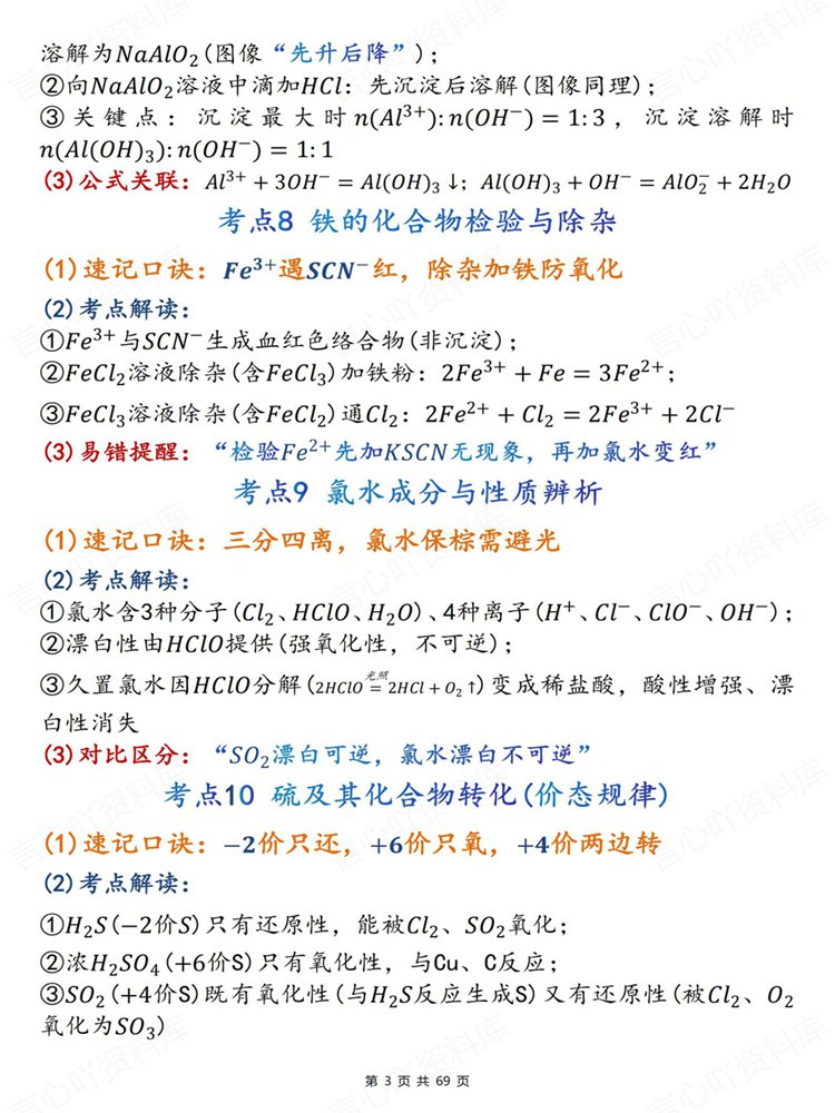 高中化学-必修选必200个高频重点内容口诀考点背记插图高中化学3