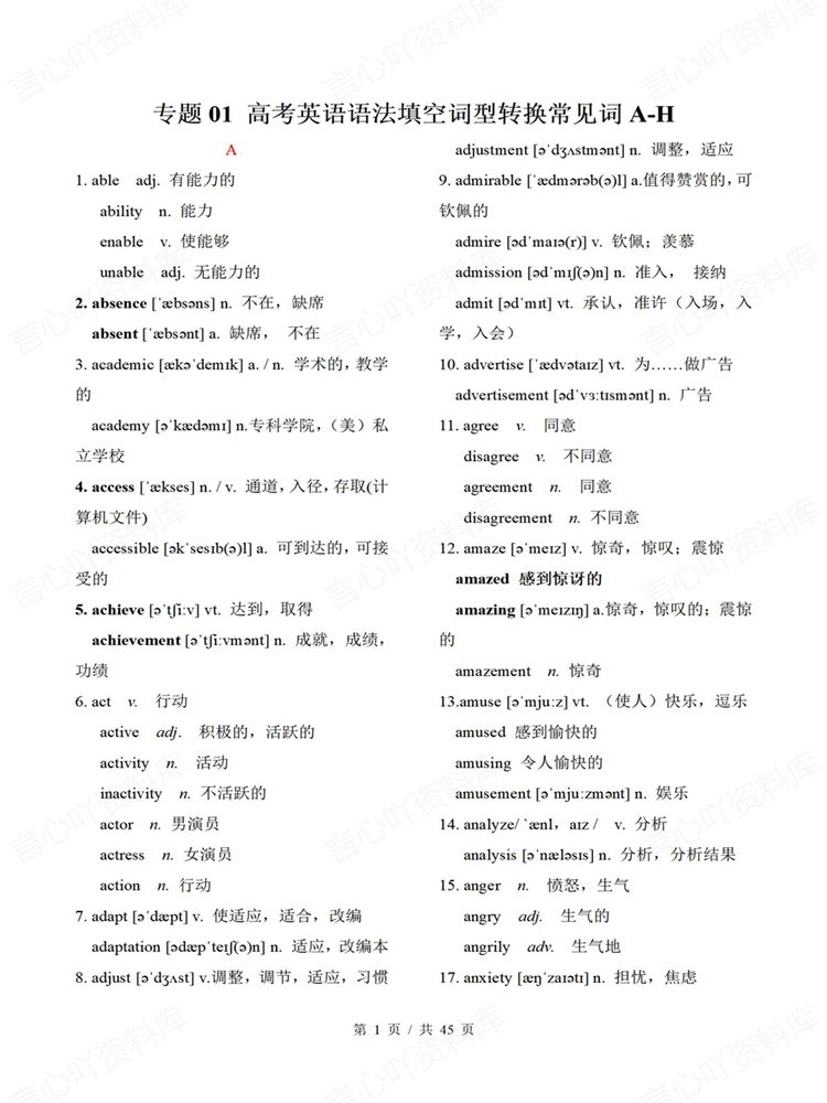 高中英语-词型转换高考复习常用词汇背默语法填空插图高中英语1